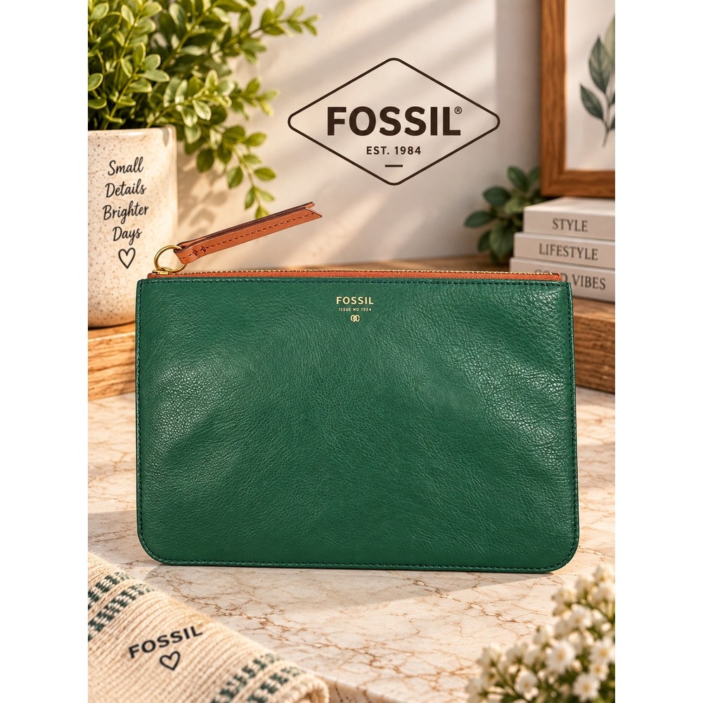 Fossil Sydney Medium Pouch Green Leather Zip Clutch SL4270468 New